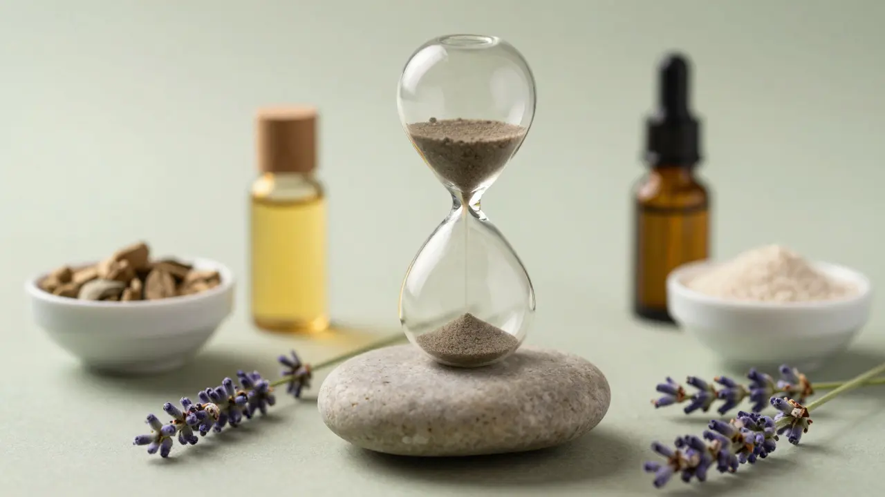 Kámen, přesýpací hodiny a esenciální oleje symbolizující časovou strukturu masáže.