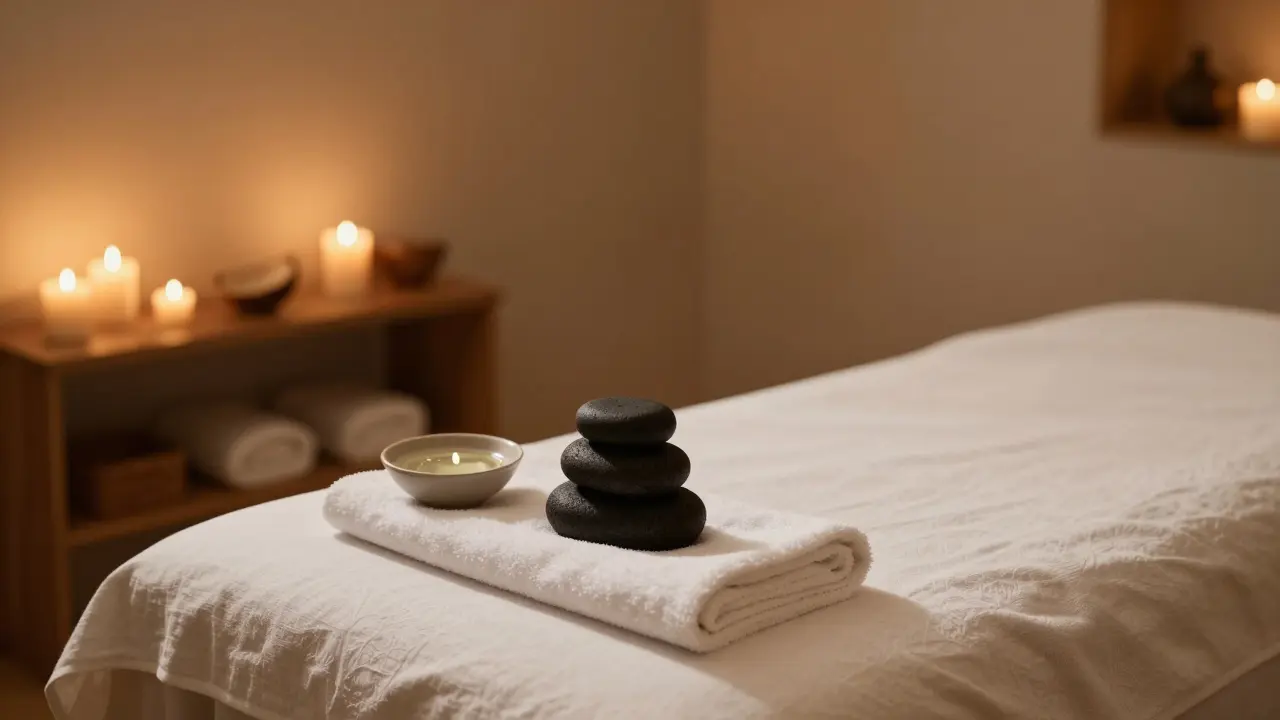 Klidný interiér wellness salonu s připravenými lávovými kameny a svíčemi.
