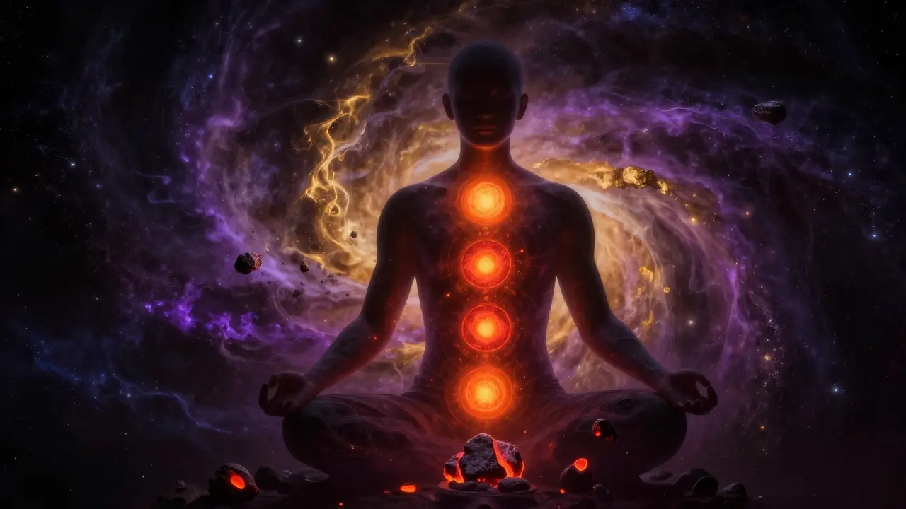 Konceptuální zobrazení energetických center čakry v lidském těle s hřejivým světlem.