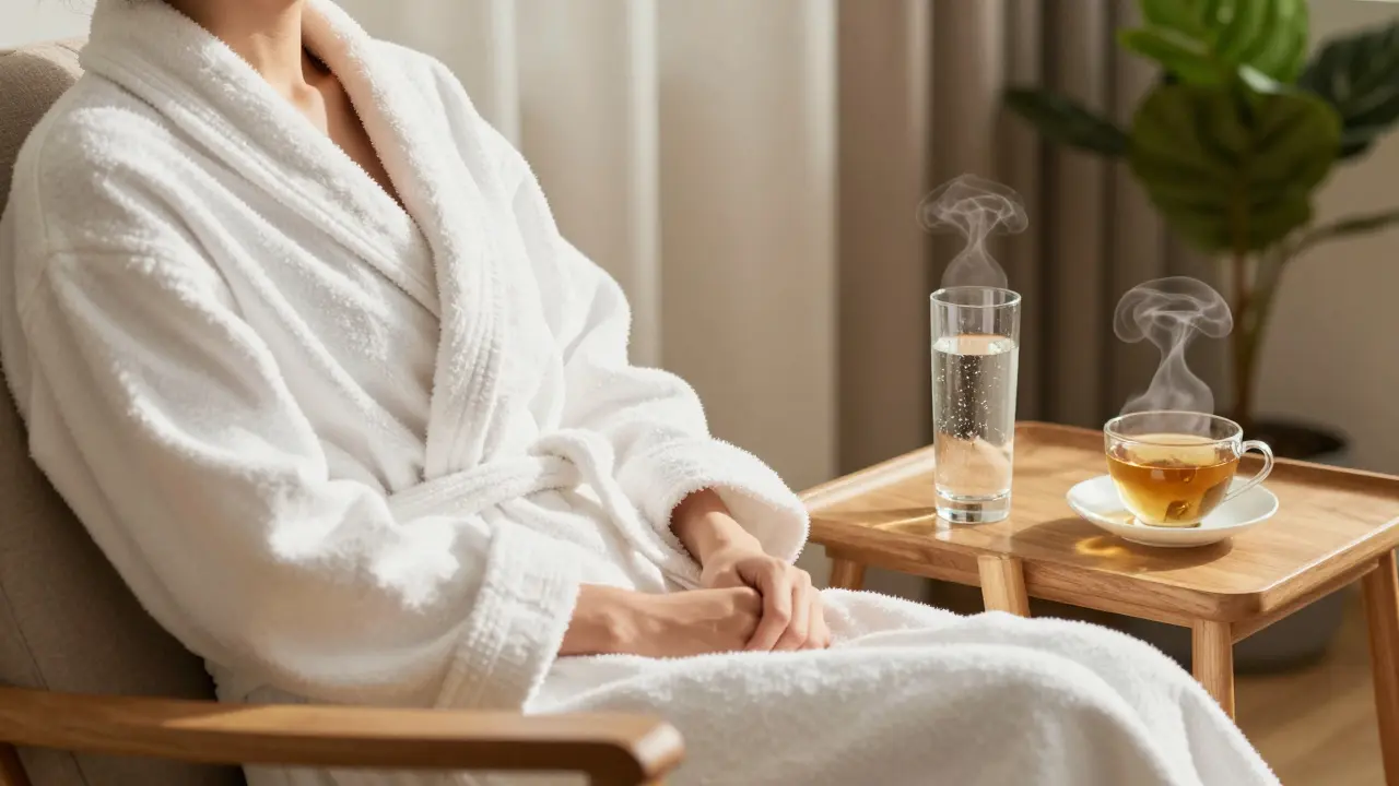 Osoba v bílém županu s glasses vody v relaxačním prostoru po masáži.