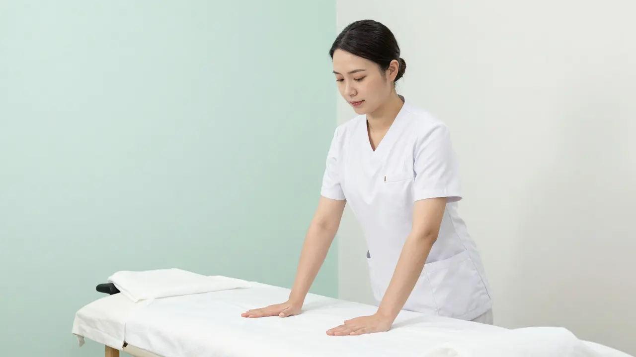 Profesionální masér v bílém oblečení připravuje čisté prostěradlo na stole.