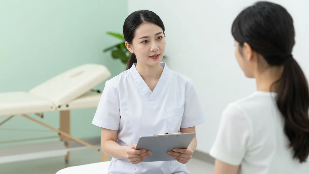 Profesní konzultace mezi masérem a klientem v moderním salonu.