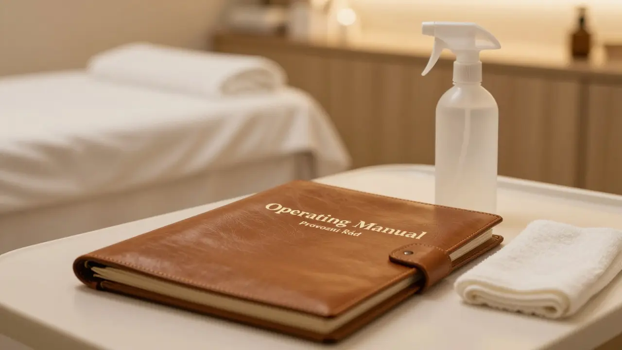 Provozní řád salonu vedle dezinfekčních prostředků na čistém povrchu.