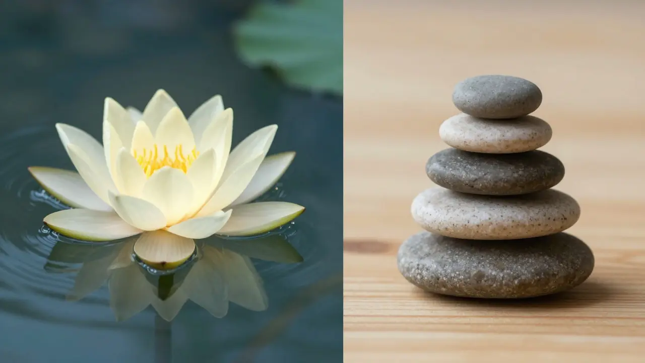 Symbolický obraz lotosu a vyvážených kamenů představující tantru a bodywork.